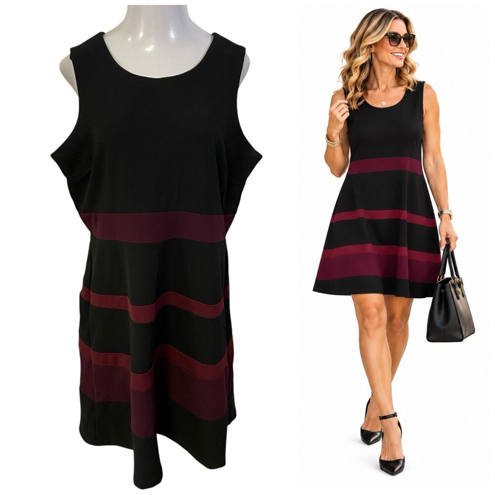Liz Claiborne Dress Womens 16 Black Burgundy Colorblock Fit Flare Career